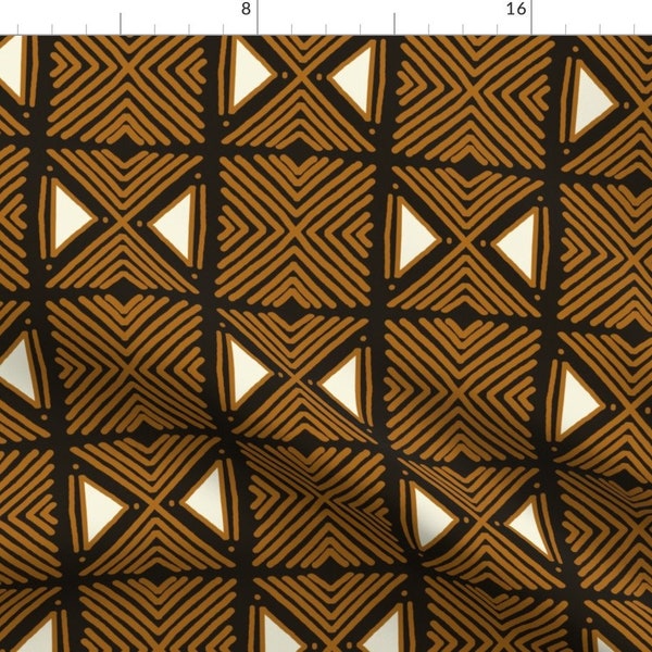 Ethnic Geo Fabric - Tribal Dark Brown Motif by designdn - Black White Brown Geometric Triangles Lines Fabric by the Yard by Spoonflower