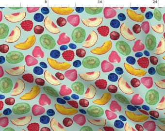 Fruit Fabric - Summer Fruit Salad {Aqua} By Ceciliamok - Fruit Salad Food Banana Kiwi Peach Cotton Fabric By The Yard With Spoonflower