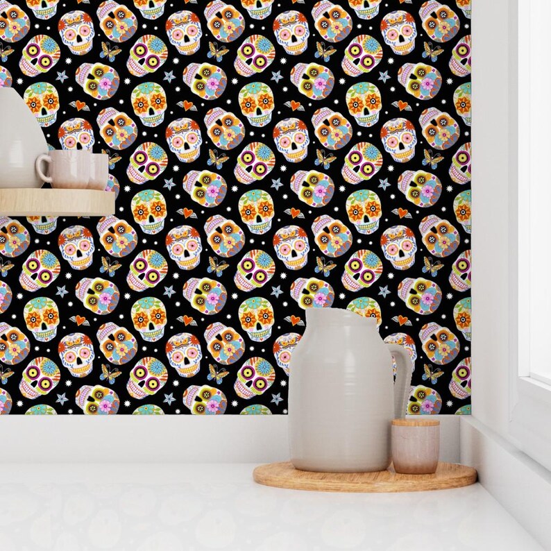 Halloween Wallpaper - Sugar Skulls Black By Mirabelleprint - Day of the Dead Custom Removable Self Adhesive Wallpaper Roll by Spoonflower image 7