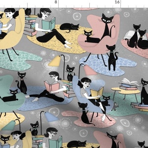 Cozy Reading Fabric - Story Time By J9design - Retro Gray Cats Blue Pink Woman Library Reading Cotton Fabric By The Yard With Spoonflower