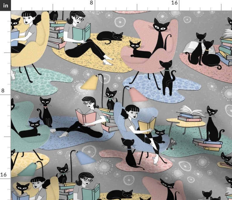 Cozy Reading Fabric Story Time By J9design Retro Gray Cats Blue Pink Woman Library Reading Cotton Fabric By The Yard With Spoonflower image 1