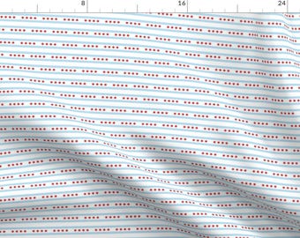 May include: White fabric with a repeating pattern of thin blue stripes and small red dots.