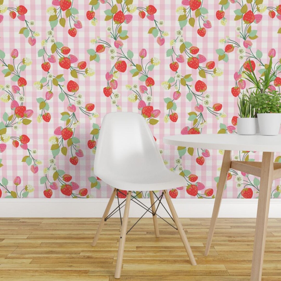 Strawberry Gingham Peel and Stick Wallpaper - Berries Summer ...