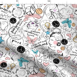 May include: A white background with black and white doodles of peace signs, light bulbs, butterflies, stars, hearts, and the words "Sisterhood", "Kind", "Force for Good", "Beauty", "Innovation", and "Brilliance".