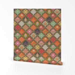 Carta da parati marocchina - Un giorno a Jaipur di Hootenannit - Rotolo di carta da parati autoadesiva rimovibile indiana arancione rosa blu brillante di Spoonflower