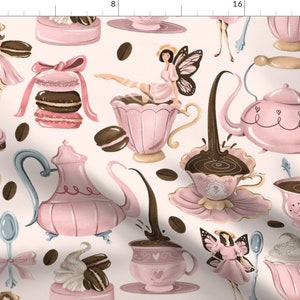 Fairy Fabric - Parisienne Fairy Café By Atelierdorina - Pink Teacup Teapot Macarons Ribbons Sweet Cotton Fabric By The Yard With Spoonflower