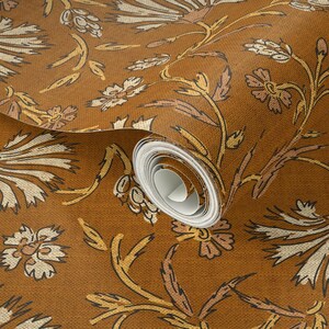 Floral Wallpaper - Kalami Floral Mustard By Holli Zollinger - Linen Look Custom Printed Removable Adhesive Wallpaper Roll by Spoonflower image 3