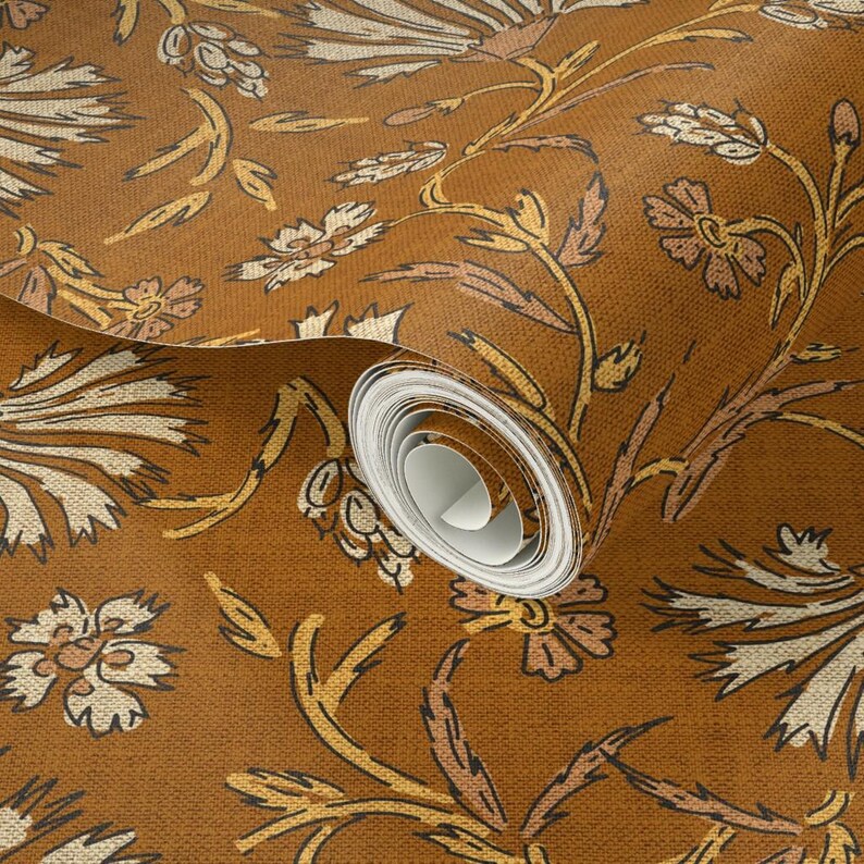 Floral Wallpaper - Kalami Floral Mustard By Holli Zollinger - Linen Look Custom Printed Removable Adhesive Wallpaper Roll by Spoonflower image 3