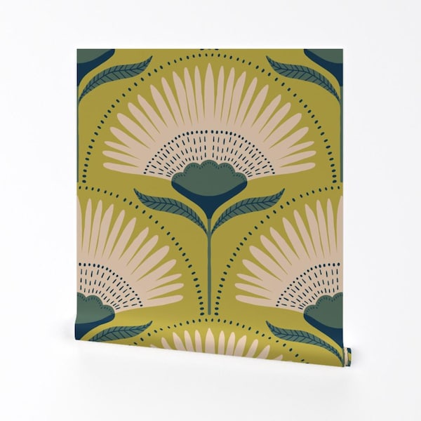 Papel pintado despegable y adhesivo con diseño floral decorativo - Flores geométricas verde chartreuse - Decoración de pared - Citron de scarlet_soleil