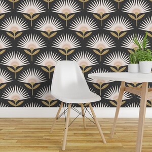 Boho Geo Floral Peel and Stick Wallpaper - Art Deco Fronds Flowers Mid Mod - Removable Wall Decor Art - Neutral Geometric Black by garabateo