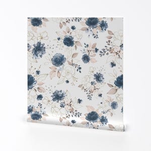 Soft Blue Floral Removable Peel and Stick Wallpaper - Watercolor Blue Botanical Meadow - Wall Art Wall Decor - Navy Floral by lub_by_lamb