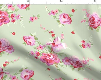 Green Fabric - Olivia Basil By Lilyoake - Green Floral Vintage Home Decor Sage Green Pink Roses Cotton Fabric By The Yard With Spoonflower