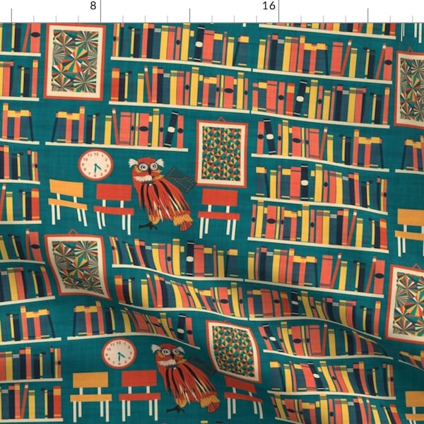 Mod Library Fabric - In The Library By Kociara - Retro Mod Books and Birds Classroom Decor Cotton Fabric By The Yard With Spoonflower
