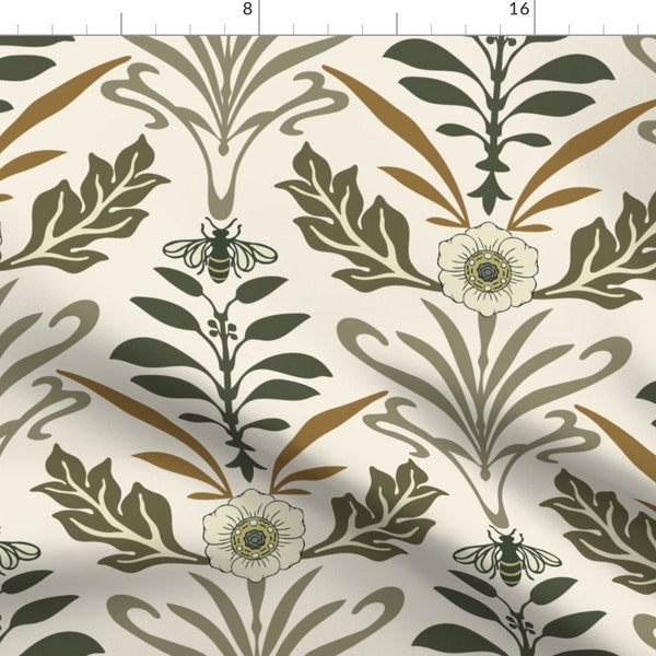 Floral Fabric - Art Nouveau - Large - Ivory By Fernlesliestudio - Large Beige Olive Damask Plants Cotton Fabric By The Yard With Spoonflower