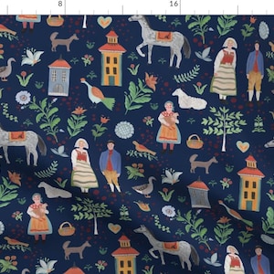 Scandinavian Village Illustration Fabric - Swedish Blue By Dasbrooklyn - Children's Horses People Cotton Fabric By The Yard With Spoonflower