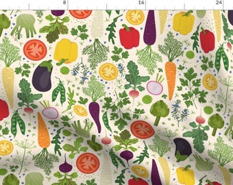 Vegetables Fabric - My Veg Garden By Damaste - Carrots Tomato Eggplants Produce Farmers Market Cotton Fabric By The Yard With Spoonflower