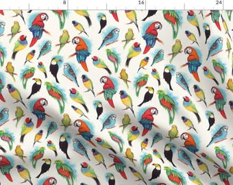 Tropical Birds Fabric - Birds By Cassiopee - Watercolor Hand Drawn Parrots Macaw Parakeet Wing Cotton Fabric By The Yard With Spoonflower