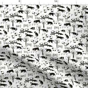 May include: Black and white seamless pattern featuring a repeating design of a border collie herding sheep. The pattern includes a variety of poses of the dog, including jumping over a fence, running, and herding the sheep. The sheep are also in various poses, including running and standing.
