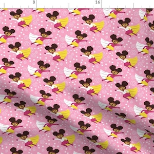 African American Girl Fabric - Little African American Superhero By Whimsical Brush - Pink Kids Cotton Fabric By the Yard With Spoonflower afbeelding 1