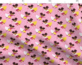 African American Girl Fabric - Little African American Superhero By Whimsical Brush - Pink Kids Cotton Fabric By the Yard With Spoonflower