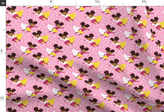 African American Girl Fabric - Little African American Superhero By Whimsical Brush - Pink Kids Cotton Fabric By the Yard With Spoonflower