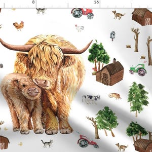 Highland Cow Grazing Fabric - Highland Cow Farm Patch 18x18&quot; By Karolina Papiez - Highland Cow Cotton Fabric By The Yard With Spoonflower