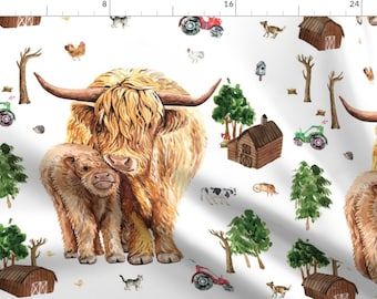 Highland Cow Grazing Fabric - Highland Cow Farm Patch 18x18" By Karolina Papiez - Highland Cow Cotton Fabric By The Yard With Spoonflower