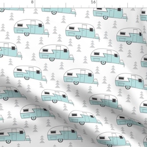 Camper Fabric - Trailer Vintage On White By Lilcubby - Camping Woodland Caravan Light Blue Cotton Fabric By The Yard With Spoonflower