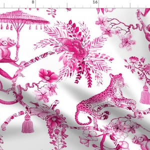 Maximalist Vintage Fabric - Chinoiserie by pattern_garden - Bright Pink Hot Pink Toile Leopard Monkey Fabric by the Yard by Spoonflower