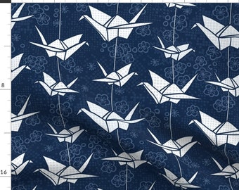 Origami Fabric - Blue Monochrome Origami Cranes By Marketa Stengl - Origami Cranes Blue White Cotton Fabric By The Yard With Spoonflower