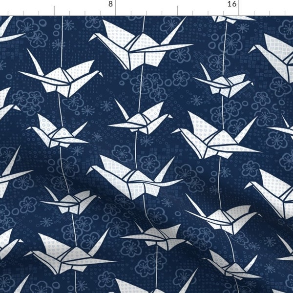 Origami Fabric - Blue Monochrome Origami Cranes By Marketa Stengl - Origami Cranes Blue White Cotton Fabric By The Yard With Spoonflower