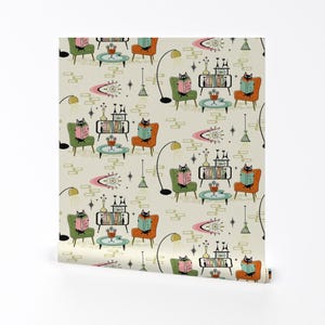 Cats Removable Peel and Stick Wallpaper - Retro Fifties Atomic Mid Century Mod - Wall Art Wall Decor - Cozy Cats Den Medium by studioxtine