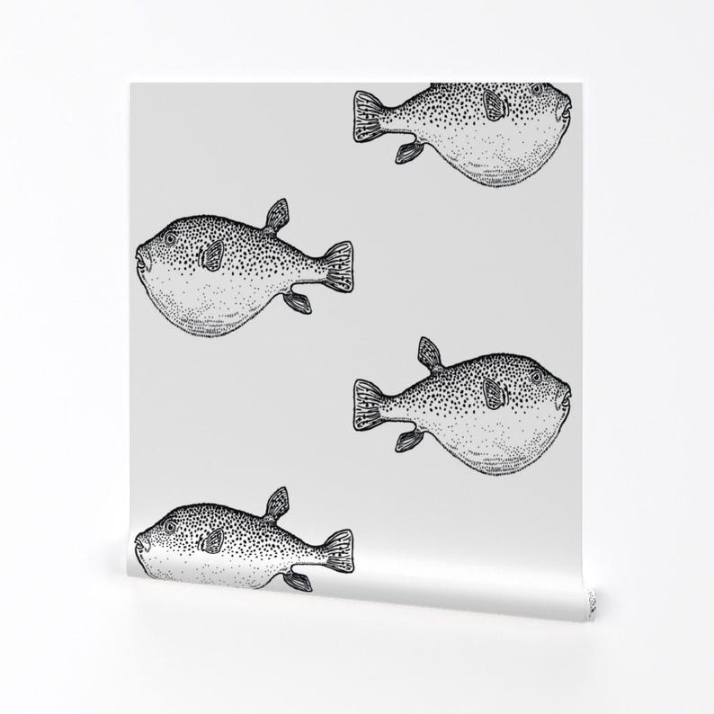 Buffer Fish Peel and Stick Wallpaper - Blowfish Puffer Fish Blowfish Coastal Chic - Removable Wall Decor Art - Pufferfish by eti_enne image 2