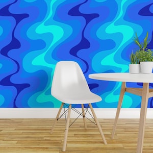 Psychedelic Waves Peel and Stick Wallpaper - Retro Oceanic Movement Aquatic 70s - Removable Wall Decor Art - Dreamy Blue Waves by vividchaos