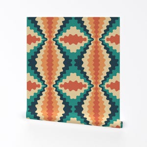 Psychedelic Removable Peel and Stick Wallpaper - Retro 1970s Teal Orange  - Wall Art Wall Decor - 70s Retro Wave by lori_craffey_design