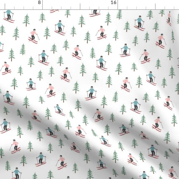 Skiing Fabric - Skis And Trees by jennilyn_keinsley - Winter Forest Woodland Pine Ski Resort Winter Sports Fabric by the Yard by Spoonflower