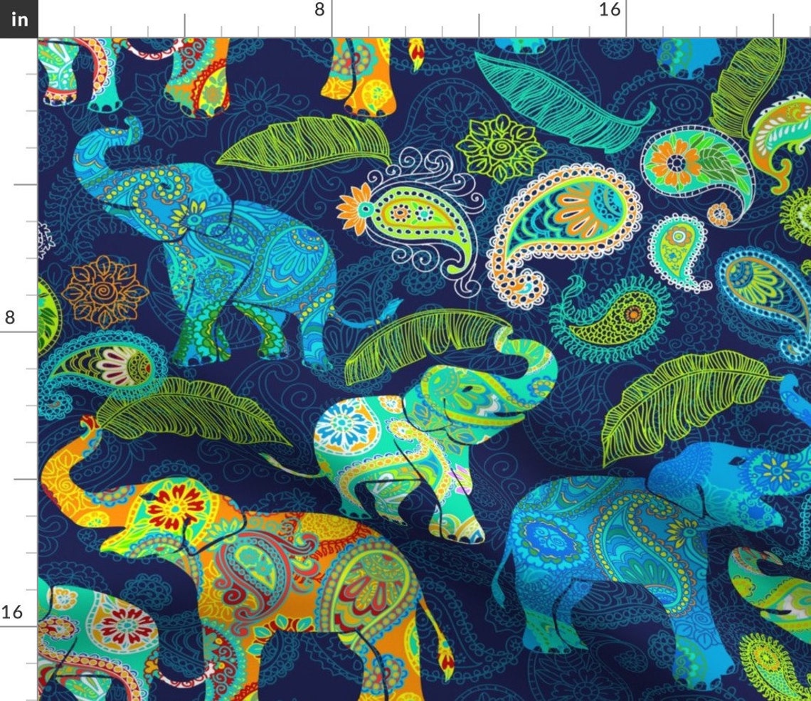 Paisley Elephants Fabric Asian Elephant Paisley Raindrops by Etsy