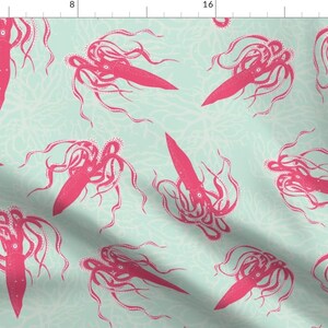 Pink Squid Fabric - Giant Squid On Sea Green By Kociara - Pink Summer Squid Beach Decor Cotton Fabric By The Yard With Spoonflower