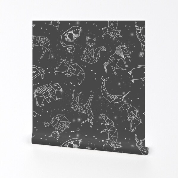 Nursery Wallpaper - Constellations / Night Time Stars Sky Grey by Andrea Lauren - Removable Self Adhesive Wallpaper Roll by Spoonflower