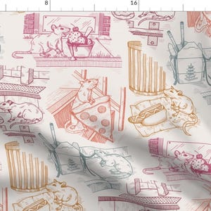 May include: A repeating pattern featuring hand-drawn illustrations of rats interacting with food items like pizza, ice cream, and hot dogs. The design incorporates a variety of colors, including pink, blue, and orange, on a cream-colored background.