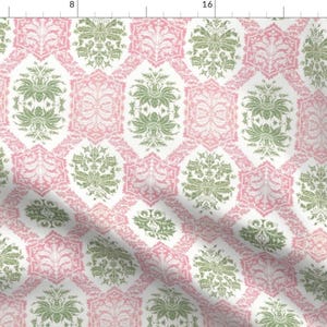 Indian Block Print Fabric - Bombay Muted Pink by etienne -  Bombay Pink And Green Colonial  Fabric by the Yard by Spoonflower