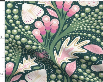 Moth Floral Fabric - Art Deco by marketa_stengl - Emerald Green Jumbo Scale Art Nouveau Maximalist Fabric by the Yard by Spoonflower