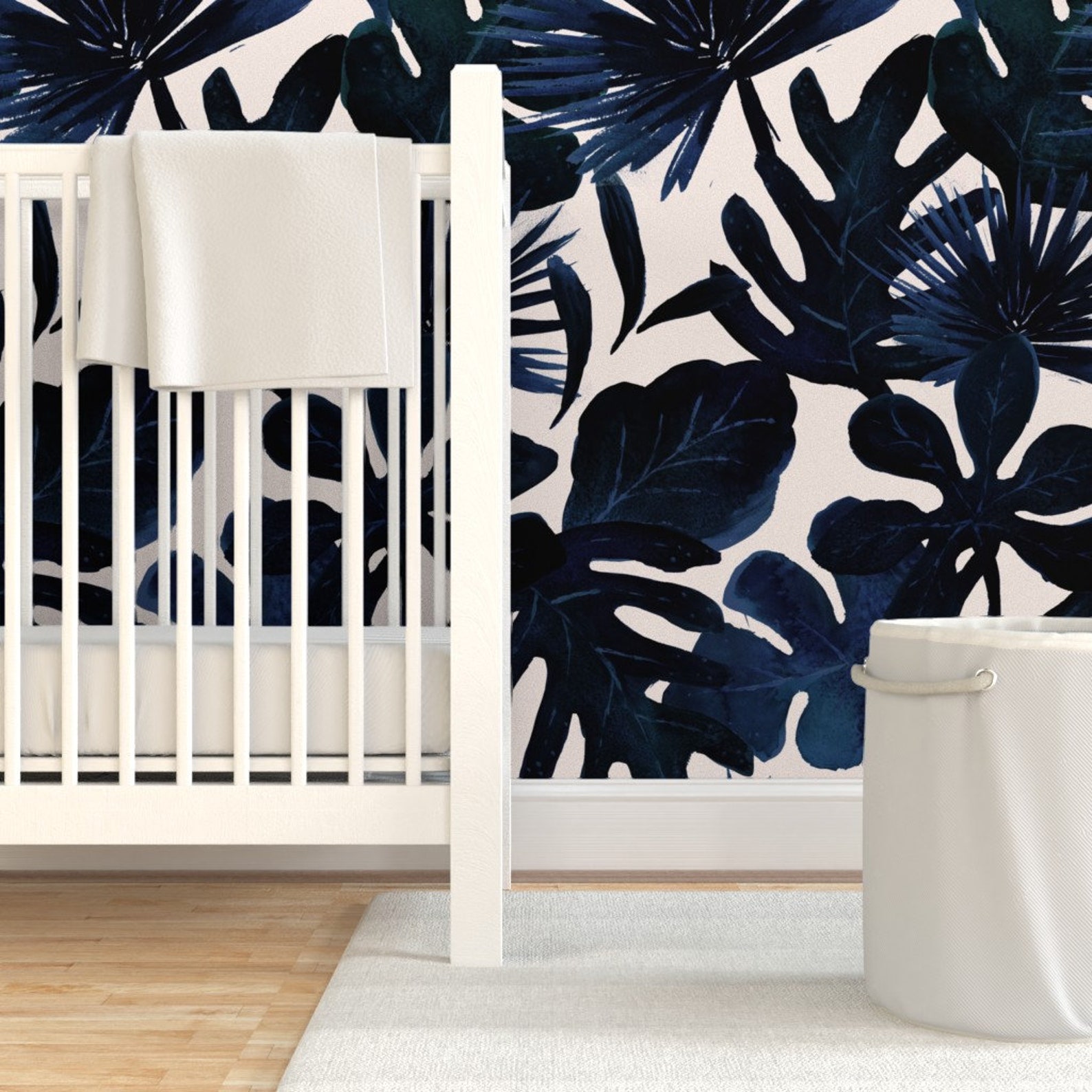 Navy Jungle Wallpaper Tropical Leaves Midnight by Crystal Etsy