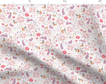 Pink Spring Woodland Fabric - Flowers And Bunnies By Stolenpencil - Woodland Baby Girl Nursery Cotton Fabric By The Yard With Spoonflower