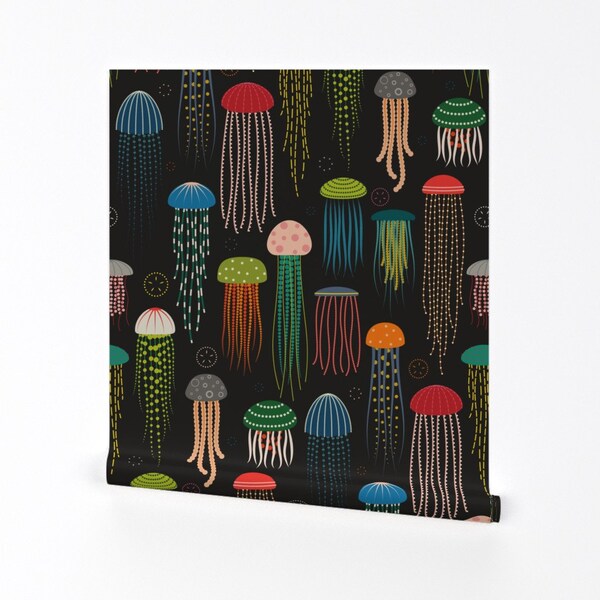Jellyfish Wallpaper - Just Jellies On Black By Katerhees - Jellyfish Black Colorful Ocean Kids Cotton Fabric By The Yard With Spoonflower