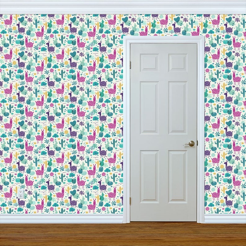 Llama Wallpaper Llamas In The Desert Turquoise By Heleen Vd Thillart Custom Printed Removable Self Adhesive Wallpaper Roll by Spoonflower