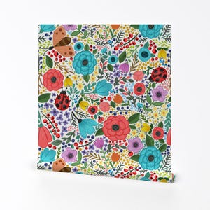 Floral Wallpaper - Spring Summer Flower Ladybug Blooms By Furbuddy - Custom Printed Removable Self Adhesive Wallpaper Roll by Spoonflower