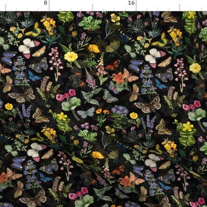 Black Botanical Fabric - Butterflies In Spring Flower Garden By Utart - Black Pink Green Spring Cotton Fabric By The Yard With Spoonflower