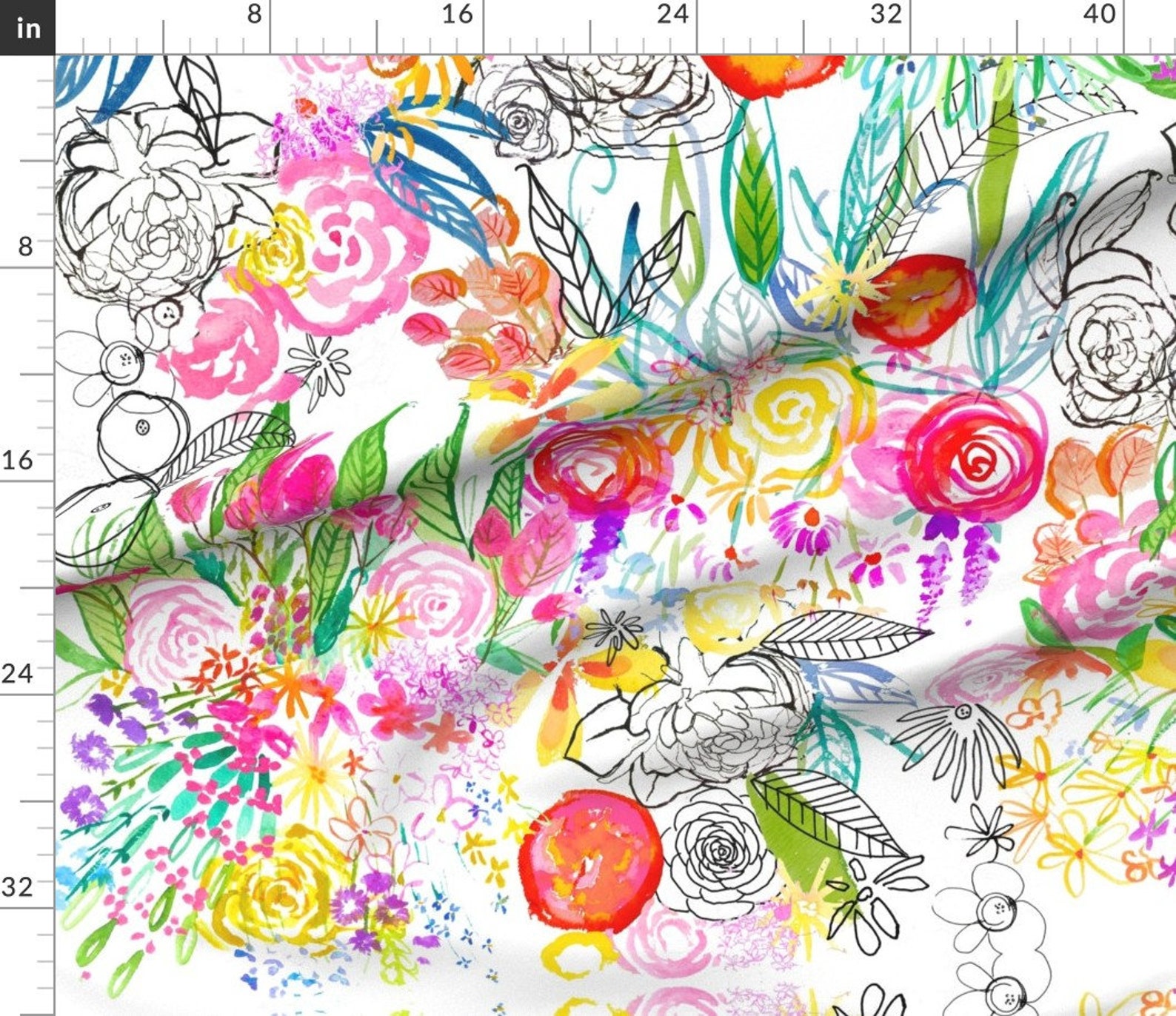 Watercolor Floral Fabric Botanical Sketchbook Large Scale Etsy