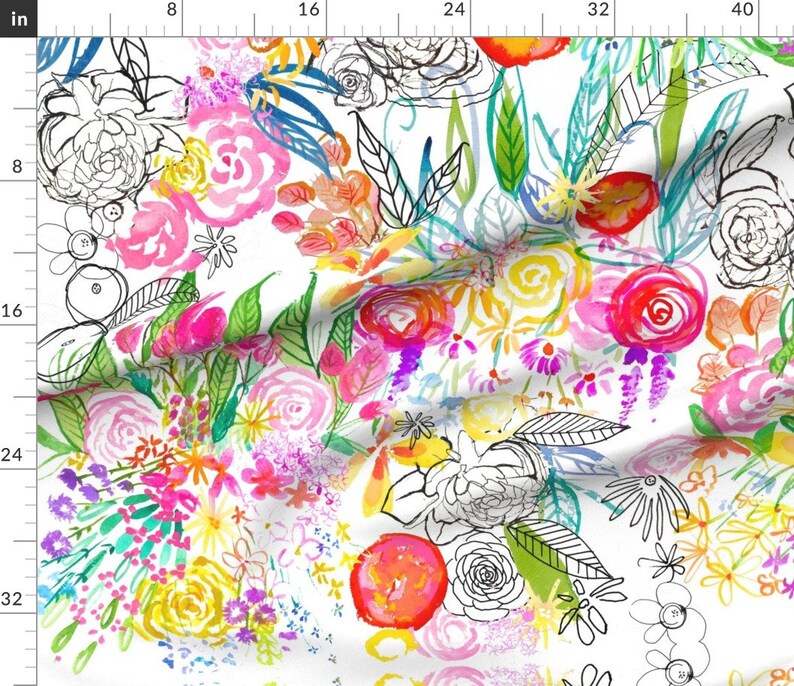 Watercolor Floral Fabric Botanical Sketchbook Large Scale Etsy UK